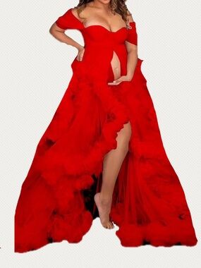 Red Off Shoulder Photoshoot Puffy Sweetheart Ruffles Slit Baby Shower Dress Sz L